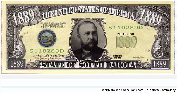 1889 State of South Dakota - pk# NL - ACC American Art Classics - Not Legal Tender  Banknote