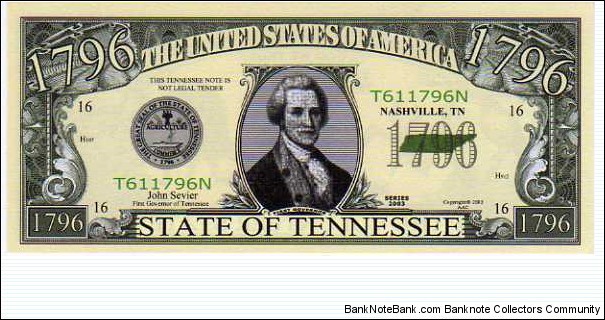 1796 State of Tennessee pk# NL - ACC American Art Classics - Not Legal Tender  Banknote