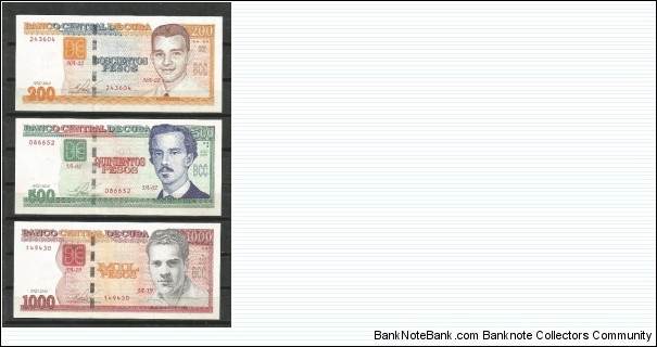 Cuba 2010 Banknotes of $200, $500 and $1000 Cuban Pesos. Banknote