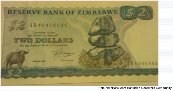 Zimbabwe $2 note signed by Govenor K.Moyana Banknote