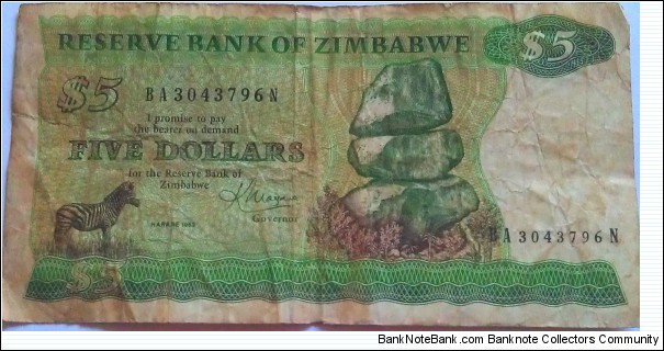 Zimbabwe $5 note signed by Govenor K.Moyana Banknote