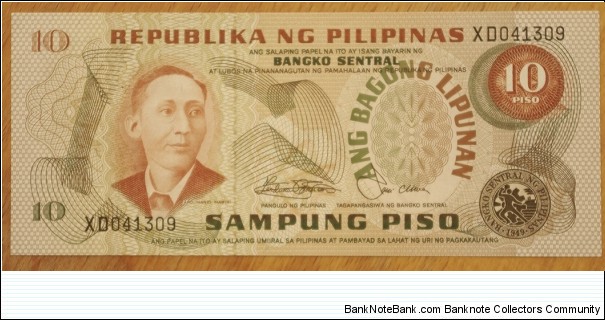 The Philippines | 
10 Piso, 1978 | 

Obverse: Apolinario Mabini y Maranan, the 1st Prime Minister of the Philippines (Jan. 23 – May 7, 1899) | 
Reverse: Barasoain Church in Malolos, Bulacan | 
Watermark: Apolinario Mabini | Banknote