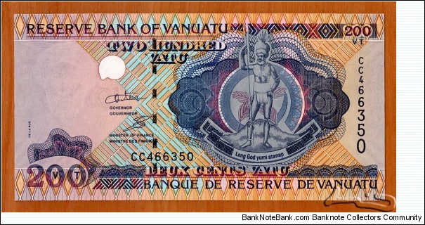 Vanuatu | 
200 Vatu, 2011 | 

Obverse: National Coat of Arms | 
Reverse: Traditional Parliament in session, and 