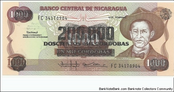 NicaraguaBN 1000 Cordobas 1985(overprinted 200.000) Banknote