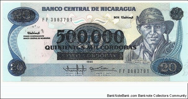 NicaraguaBN 20 Cordobas 1985(overprinted 500.000) Banknote