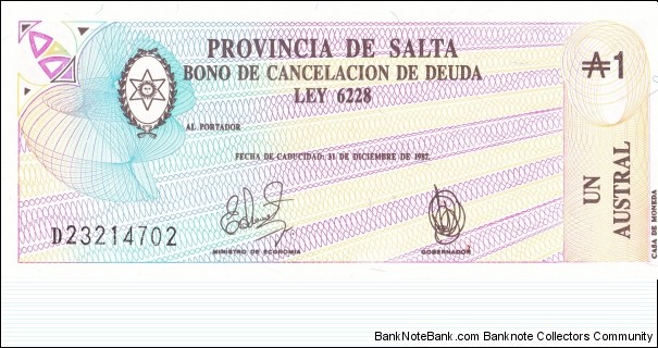 1 austral, province of Salta Banknote