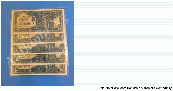 Japanese/Malaya Occupation Invasion Money. RARE to see them in 5 consecutive running serial Banknote