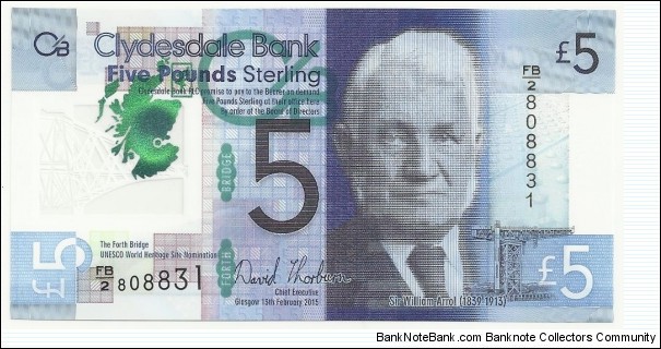 UK-Scotland Clydesdale Bank 5 Pounds 2015 Banknote