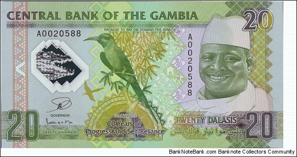 The Gambia 2014 20 Dalasis.

20 Years of Yahya Jammeh's Dictatorship.

The second commemorative note type from The Gambia.

The first polymer note type from The Gambia.

Cut unevenly. Banknote