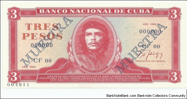 CubaBN 3 Pesos 1986-Specimen Banknote