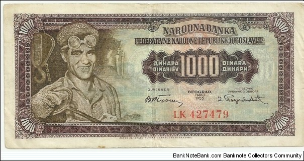 Yugoslavia-FPR 1000 Dinara 1955 Banknote