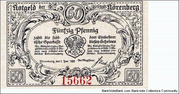 50 Pfg. Notgeld City of Nörenberg/Ińsko Banknote