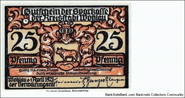 25 Pfg. Notgeld City of Wohlau/Wołów  Banknote