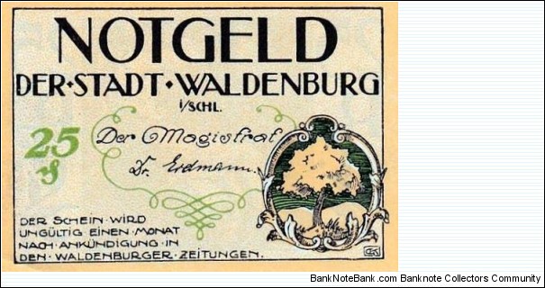25 Pfg. Notgeld City of Waldenburg/Wałbrzych Banknote