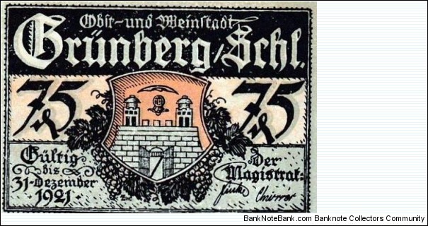 75 Pfg. Notgeld City of Grünberg/Zielona Góra Banknote