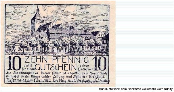 10 Pfg. Notgeld City of Rügenwalde/Darłowo Banknote