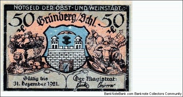 50 Pfg. Notgeld City of Grünberg/Zielona Góra Banknote