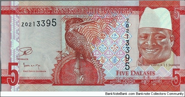 The Gambia N.D. (2015) 5 Dalasis.

Replacement note.

Cut unevenly in error. Banknote