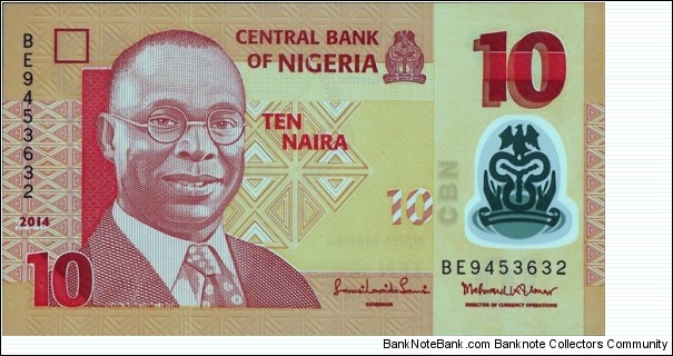 Nigeria 2014 10 Naira.

Faulty printing in error. Banknote