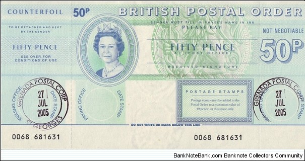 Grenada 2005 50 Pence postal order.

Issued at St. Georges. Banknote