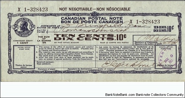 Ontario 1934 10 Cents postal note.

Issued at Perth (Ontario). Banknote