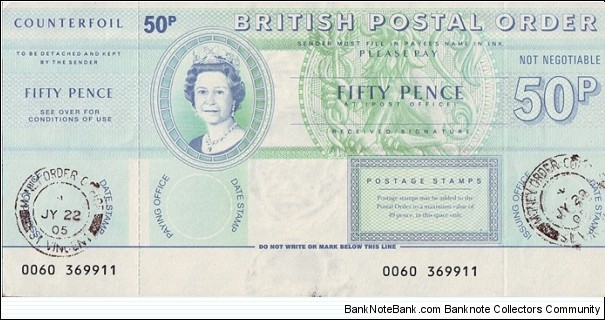 St. Vincent 2005 50 Pence postal order.

Issued at the Money Order Office (Kingstown). Banknote