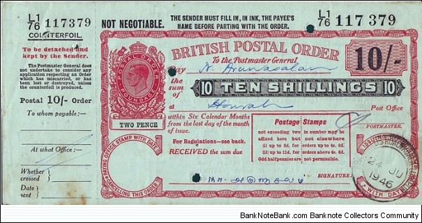 Selangor 1946 10 Shillings postal order.

Issued at Brickfields Road (Kuala Lumpur). Banknote