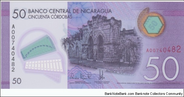 50 Cordobas ( Medida: 141 x 67 mm ) Nota de plástico
Mercado de Artesanías, Masaya
Ballet Folclórico Banknote