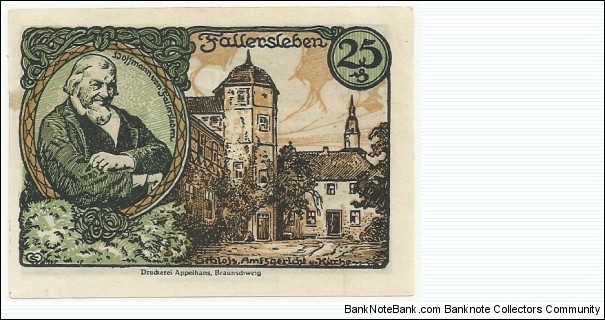 Germany Notgeld-Fallersleben 25 pfennig ND(1917-1923) Banknote