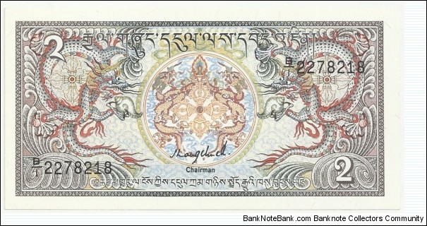 BhutanBN 2 Ngultrum 1986(12,03cm) Banknote
