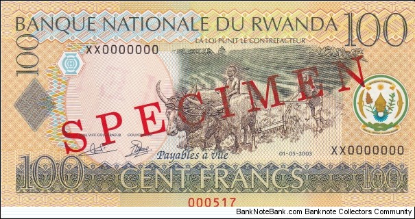 100 Francs Specimen Banknote 000000  Banknote