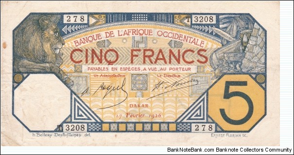 French West Africa 5 Francs Banknote