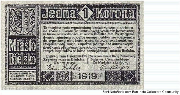 City of Bielsko/Bielitz. 1 Korona. Obverse description in polish language. Reverse in German language. Banknote