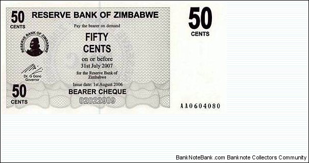 Reserve Bank of Zimbabwe 50 Cents Bearer Cheque Banknote