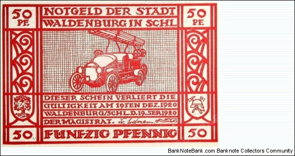 50 Pf. Notgeld City of Waldenburg (Wałbrzych) Fire Department Banknote