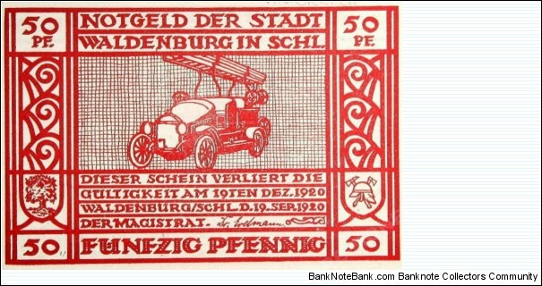50 Pf. Notgeld City of Waldenburg (Wałbrzych) Fire Department Banknote