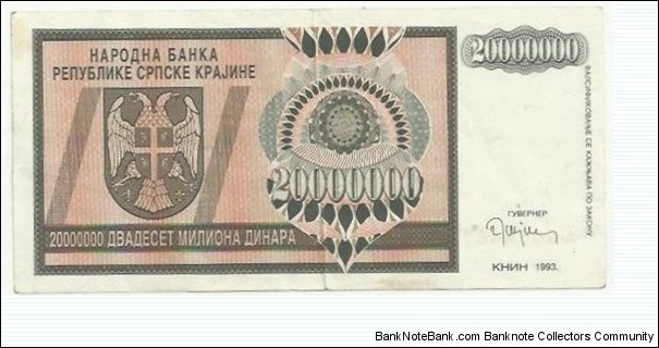 Krajina Serbia 20 Million Dinara 1993 Banknote