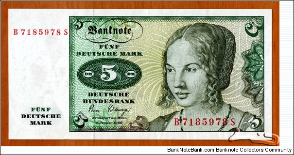 West Germany | 
5 Mark, 1980 | 

Obverse: Portrait of a young Venetian woman (painted 1505) by Albrecht Dürer (1471-1528) | 
Reverse: Oak sprig with acorns symbolising nature of Germany | 
Watermark: Portrait of a Young Venetian woman | Banknote