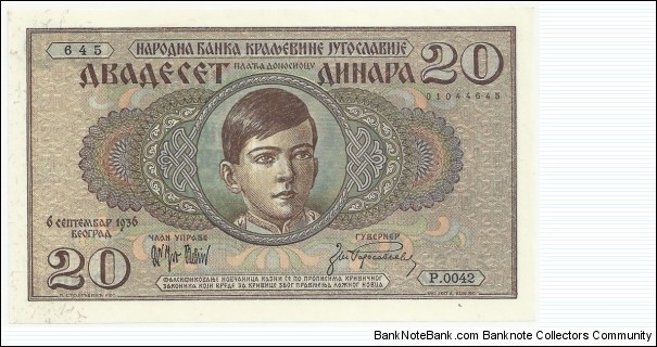 Yugoslavia-Kingdom 20 Dinara 1936 Banknote