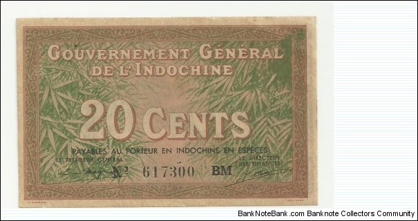 FrIndochina 20 Cents ND(1939)(Gov Gen de L'Indochine) Banknote