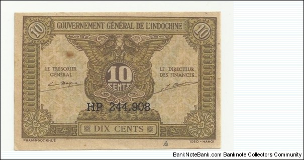 FrIndochina 10 Cents ND(1942)(Gov Gen de L'Indochine) Banknote