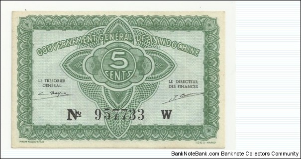 FrIndochina 5 Cents ND(1942)(Gov Gen de L'Indochine) Banknote