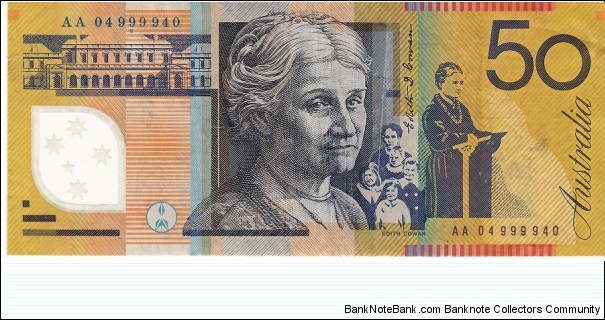 2004 $50 polymer note. AA04 first prefix. 999940 high serial number Banknote