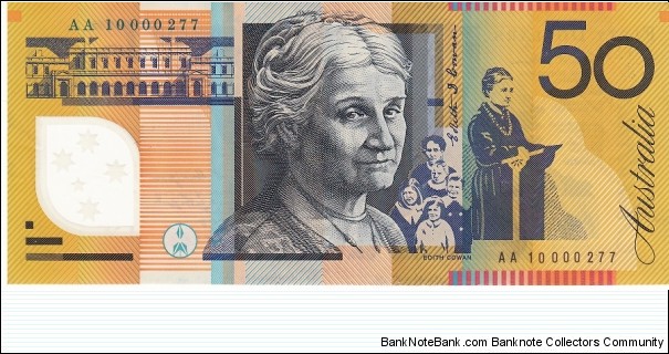 2010 $50 polymer note. AA10 first prefix. 000277 low serial number Banknote