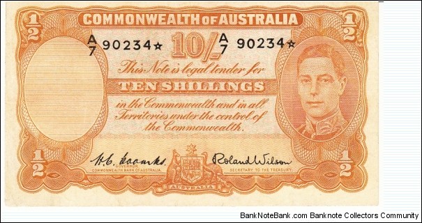 1952 10 Shillings star note. Coombs / Wilson Banknote