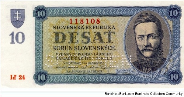 10 Korun Slovenskych 
SPECIMEN Ludovit Stur Banknote