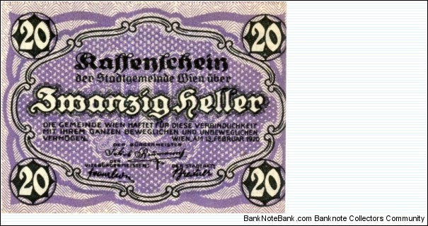 Vienna 20 
Heller Notgeld Banknote