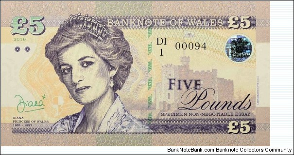 Wales 5 Pounds - Non-Negotiable, Specimen. Banknote