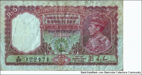 Burma N.D. (1938) 5 Rupees. Banknote