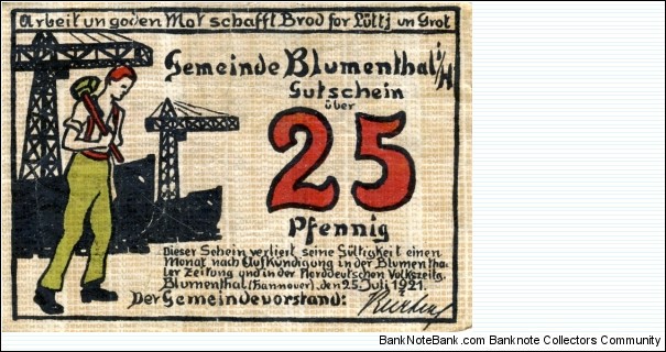 Notgeld city of Blumentahl 25 Pfennig Banknote